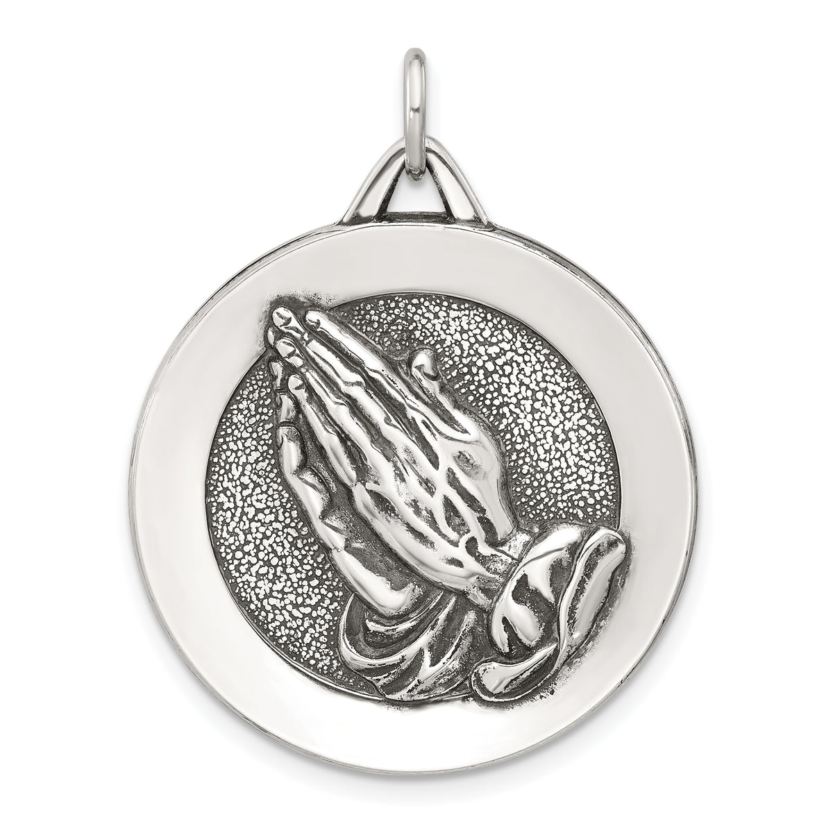 Sterling Silver Antiqued Solid Praying Hands Serenity Prayer Pendant