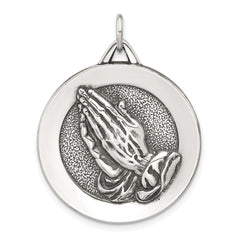 Sterling Silver Antiqued Solid Praying Hands Serenity Prayer Pendant