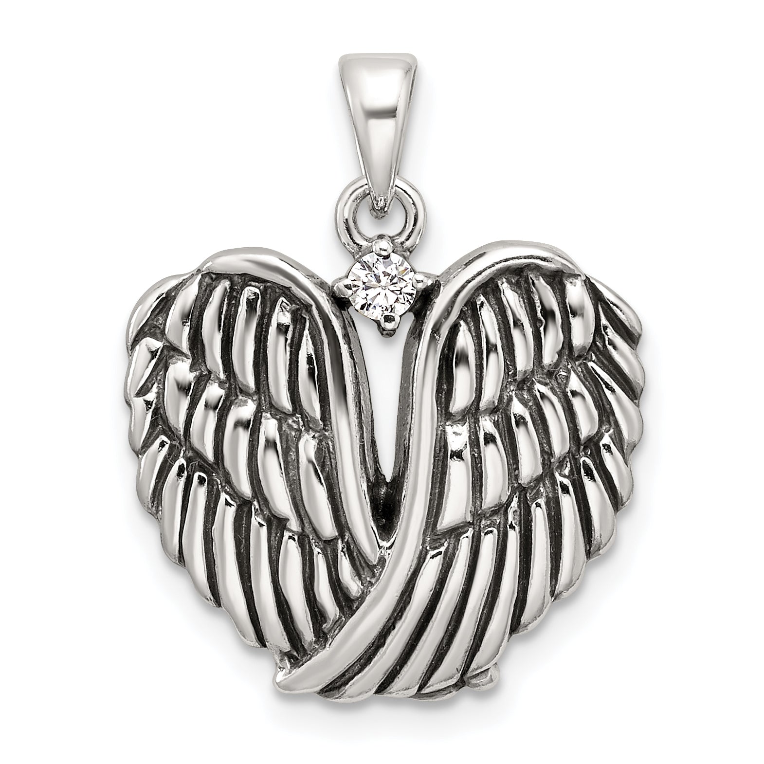 Sterling Silver Polished and Antiqued CZ Angel Wing Heart Pendant Main image