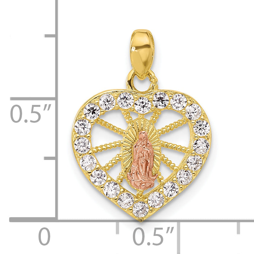 SS Gold and Rose-tone CZ Our Lady of Guadalupe Heart Pendant