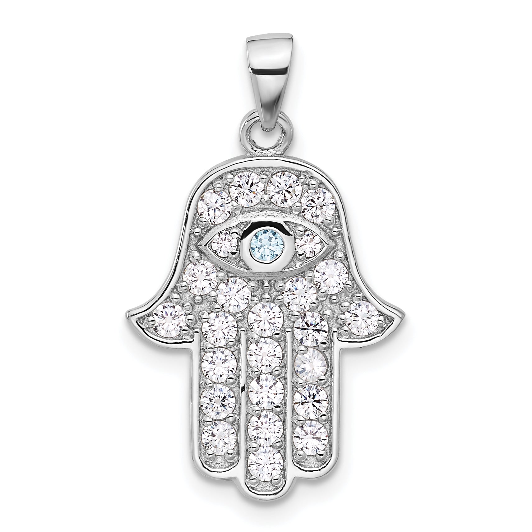 Sterling Silver Rhodium-plated Blue and White CZ Hamsa Eye Pendant Main image