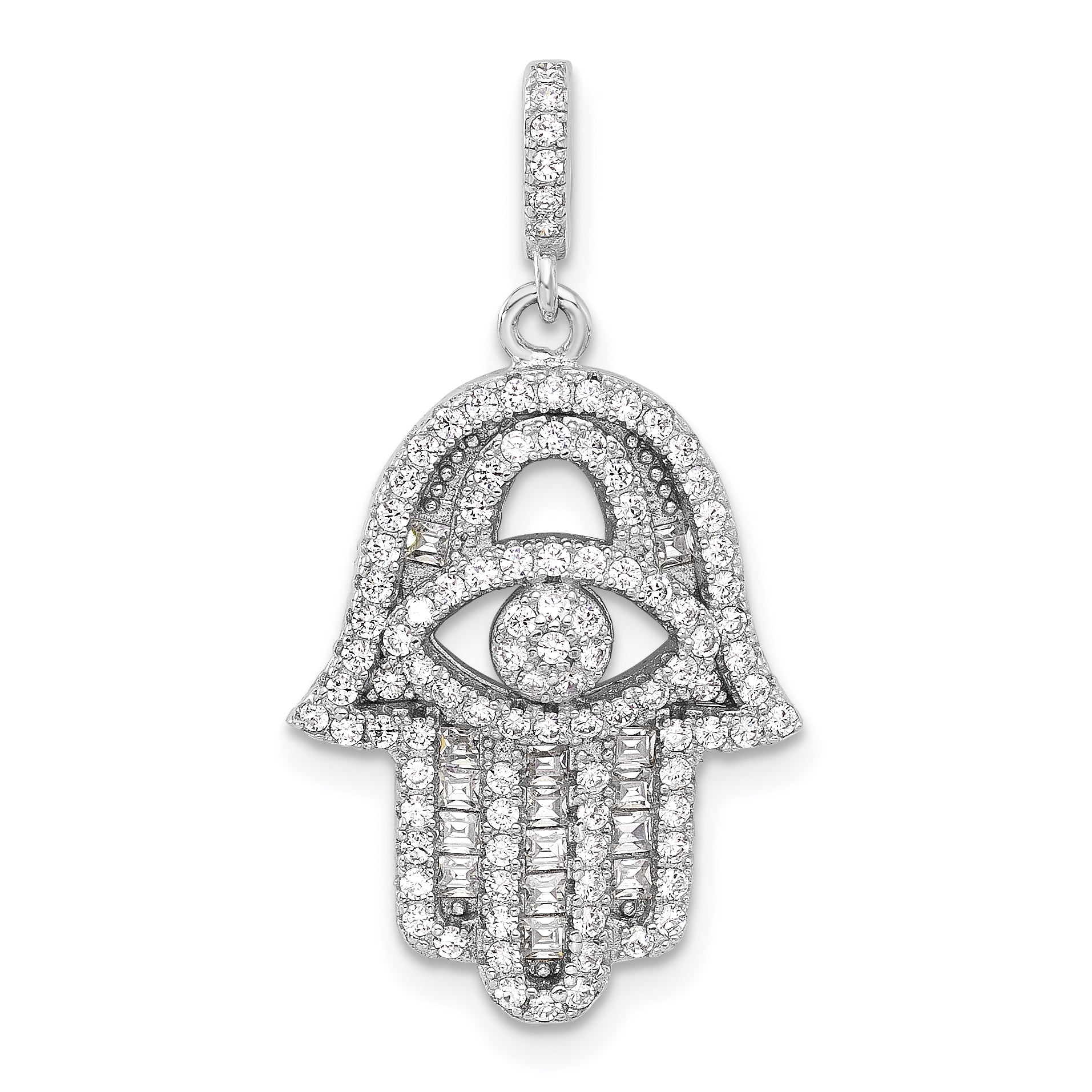 Sterling Silver Rhodium-plated CZ Evil Eye Hamsa Pendant Main image