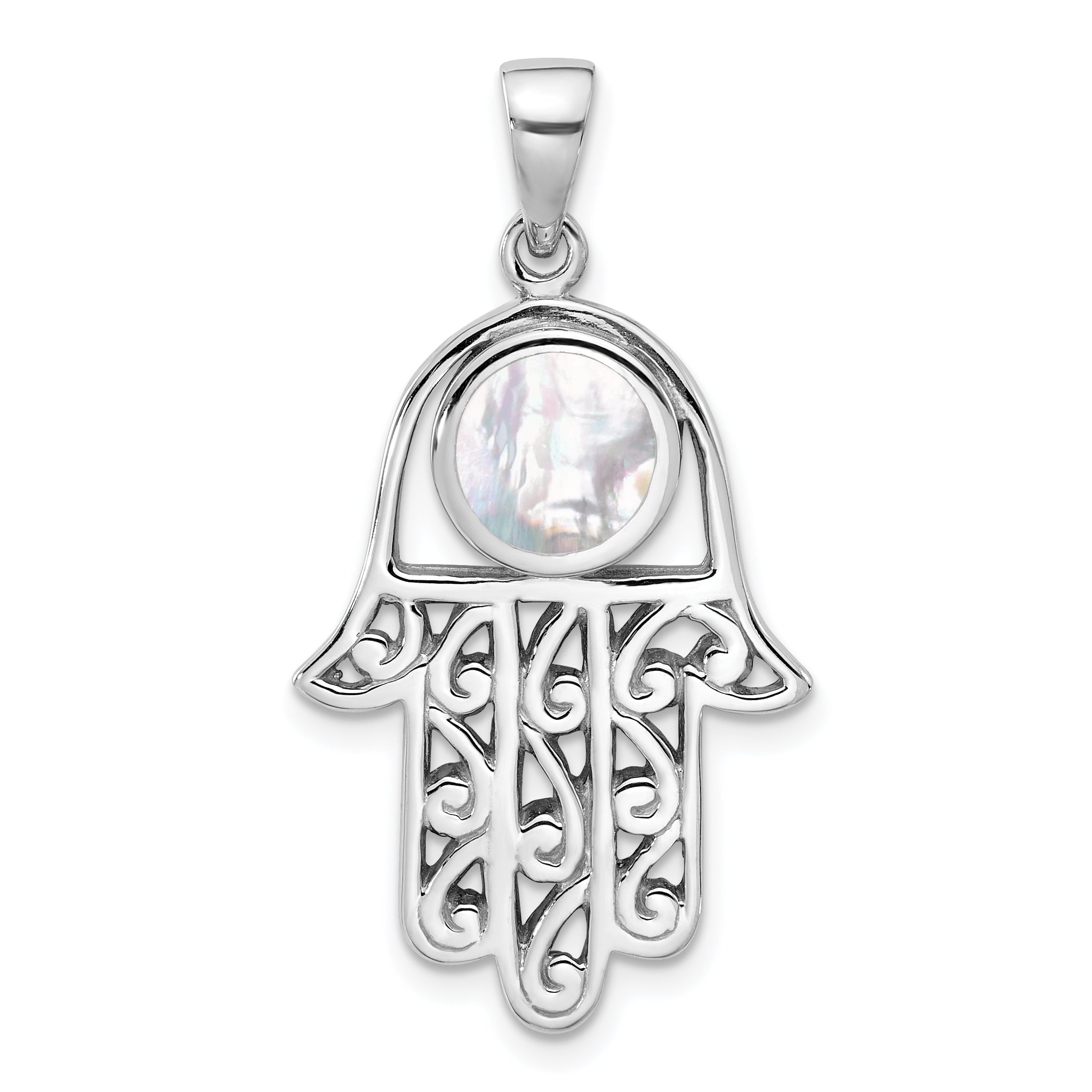 Sterling Silver Rhodium-Plated Polished Mother of Pearl Hamsa Pendant Main image