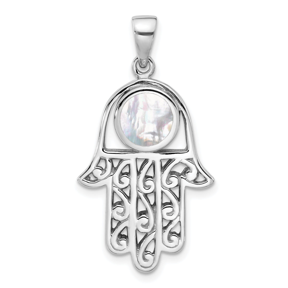 Sterling Silver Rhodium-Plated Polished Mother of Pearl Hamsa Pendant