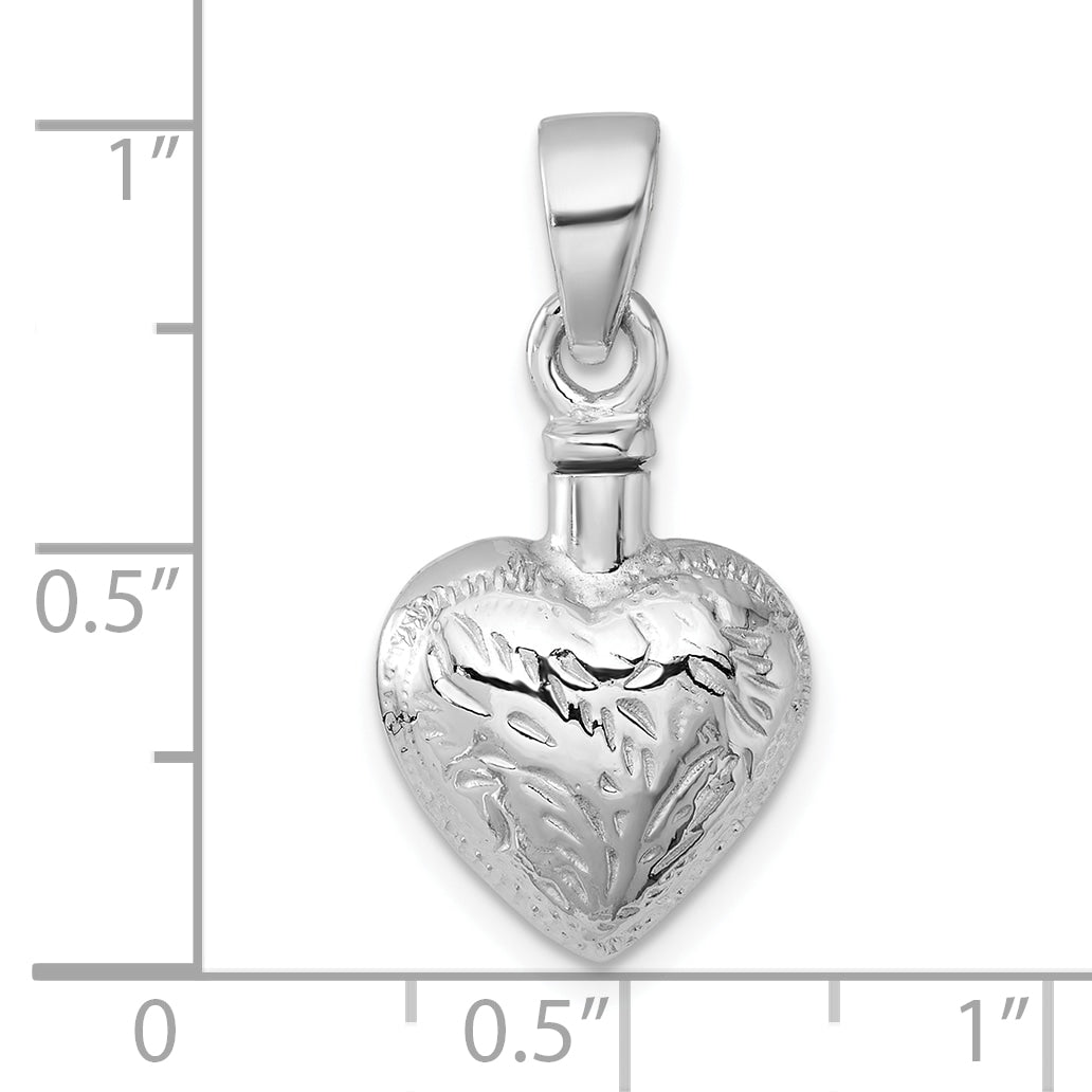 Sterling Silver Rhodium-plated Polished and Textured Heart with Leaves Ash Holder Pendant
