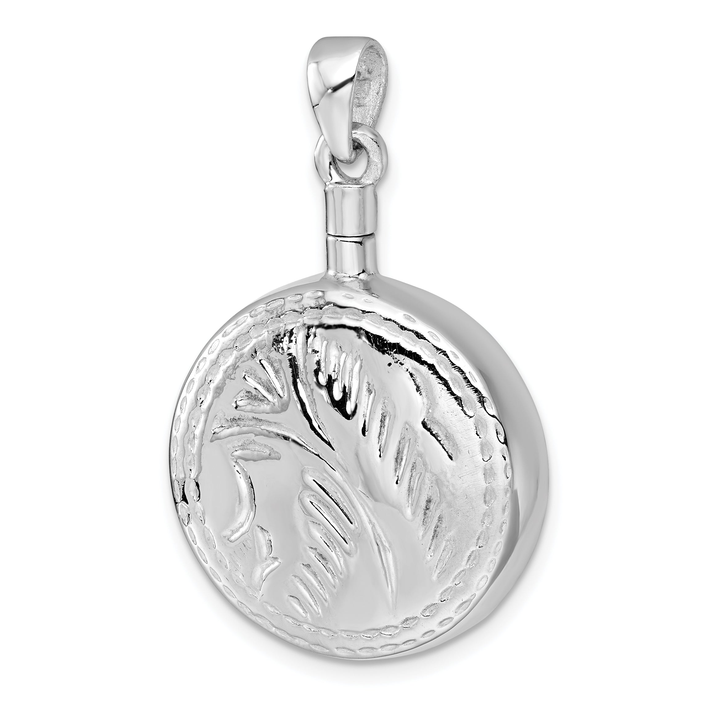 Sterling Silver Rhodium-plated Polished with Leaf Design Round Ash Holder Pendant