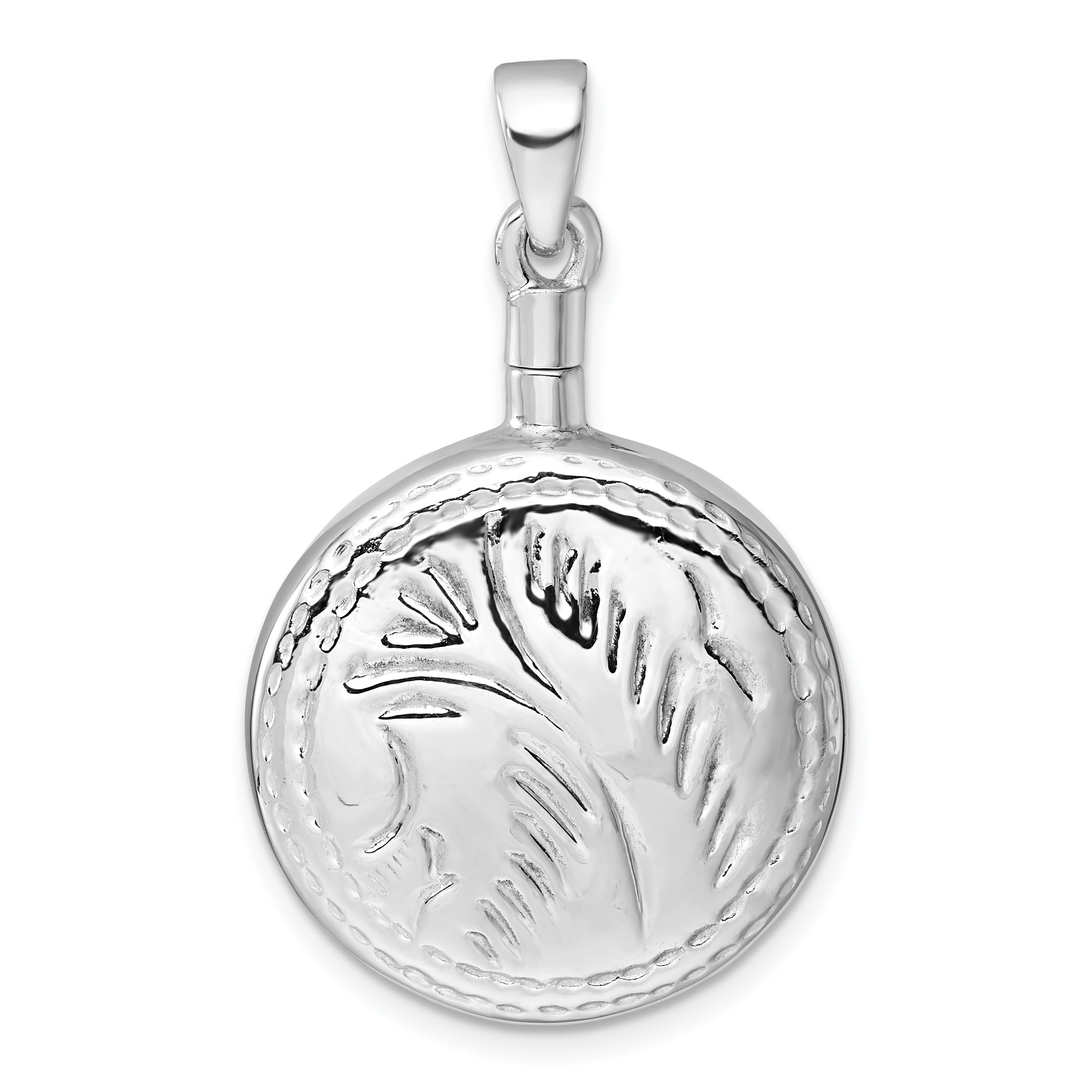 Sterling Silver Rhodium-plated Polished with Leaf Design Round Ash Holder Pendant