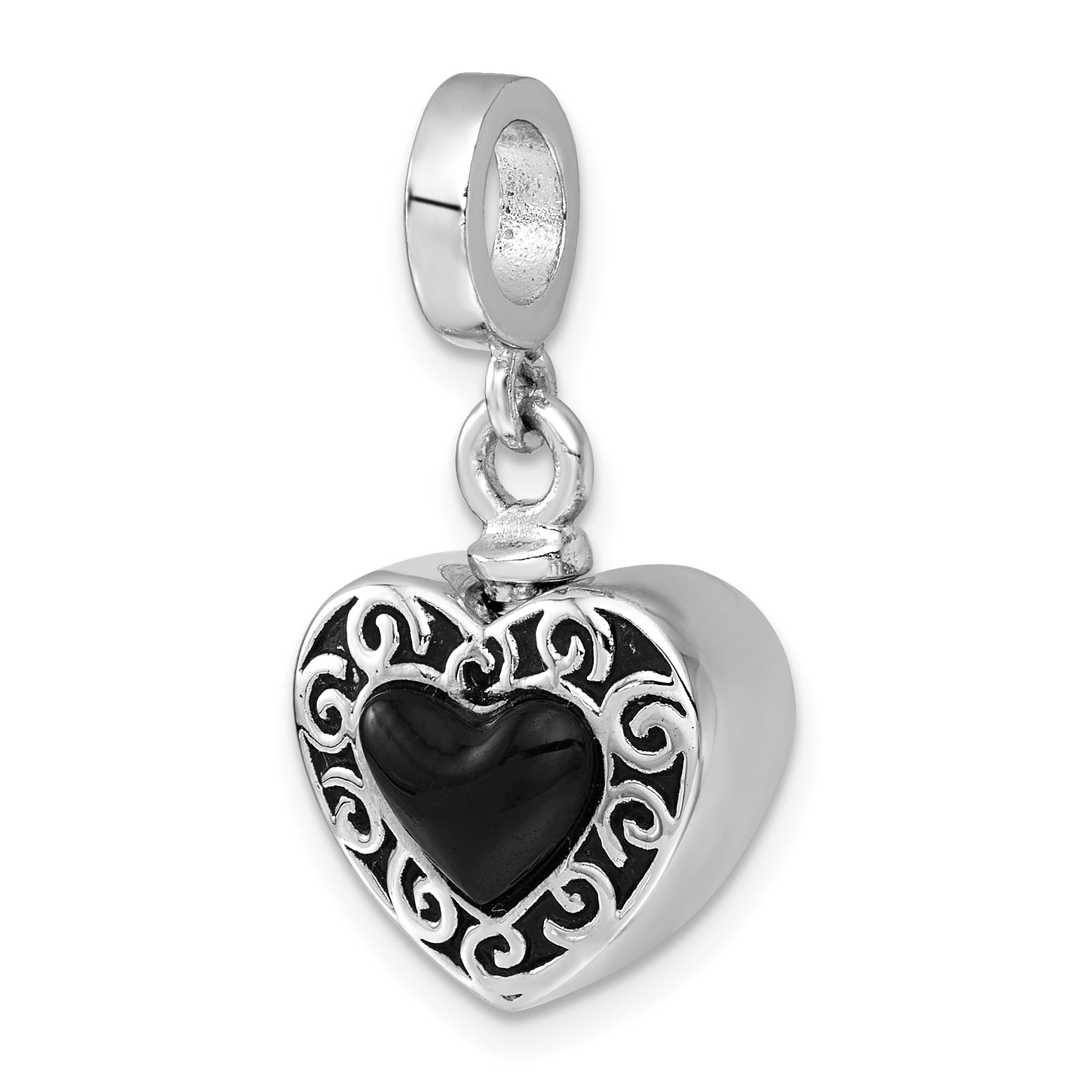 Sterling Silver Rhodium-plated Onyx Enameled Heart Ash Holder Bead/Pendant