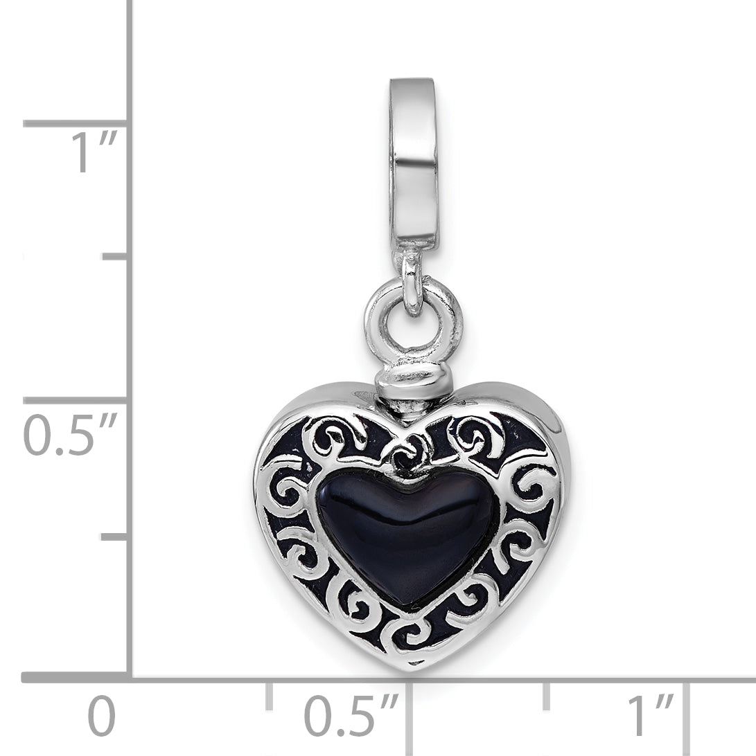 Sterling Silver Rhodium-plated Onyx Enameled Heart Ash Holder Bead/Pendant