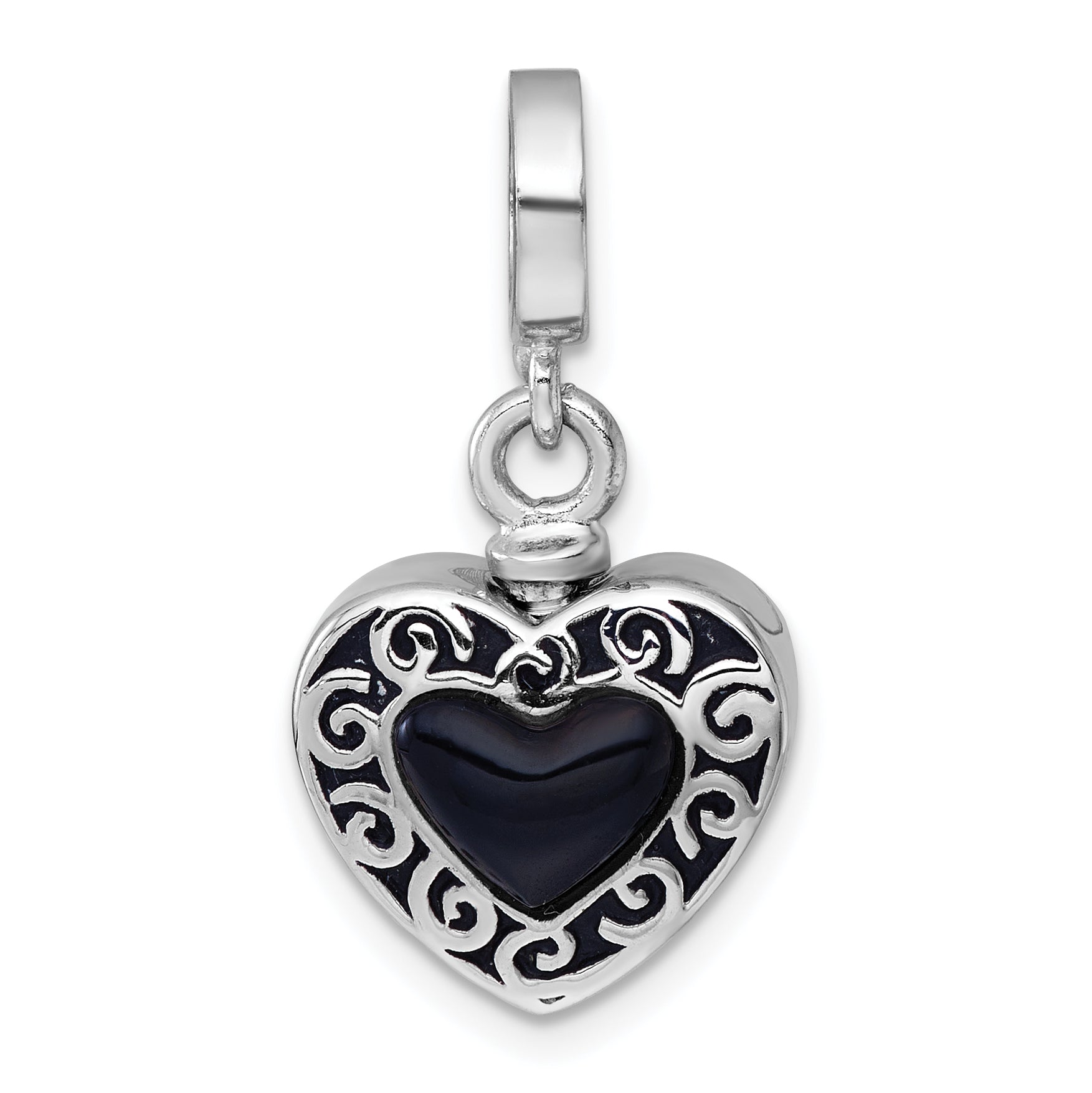 Sterling Silver Rhodium-plated Onyx Enameled Heart Ash Holder Bead/Pendant Main image