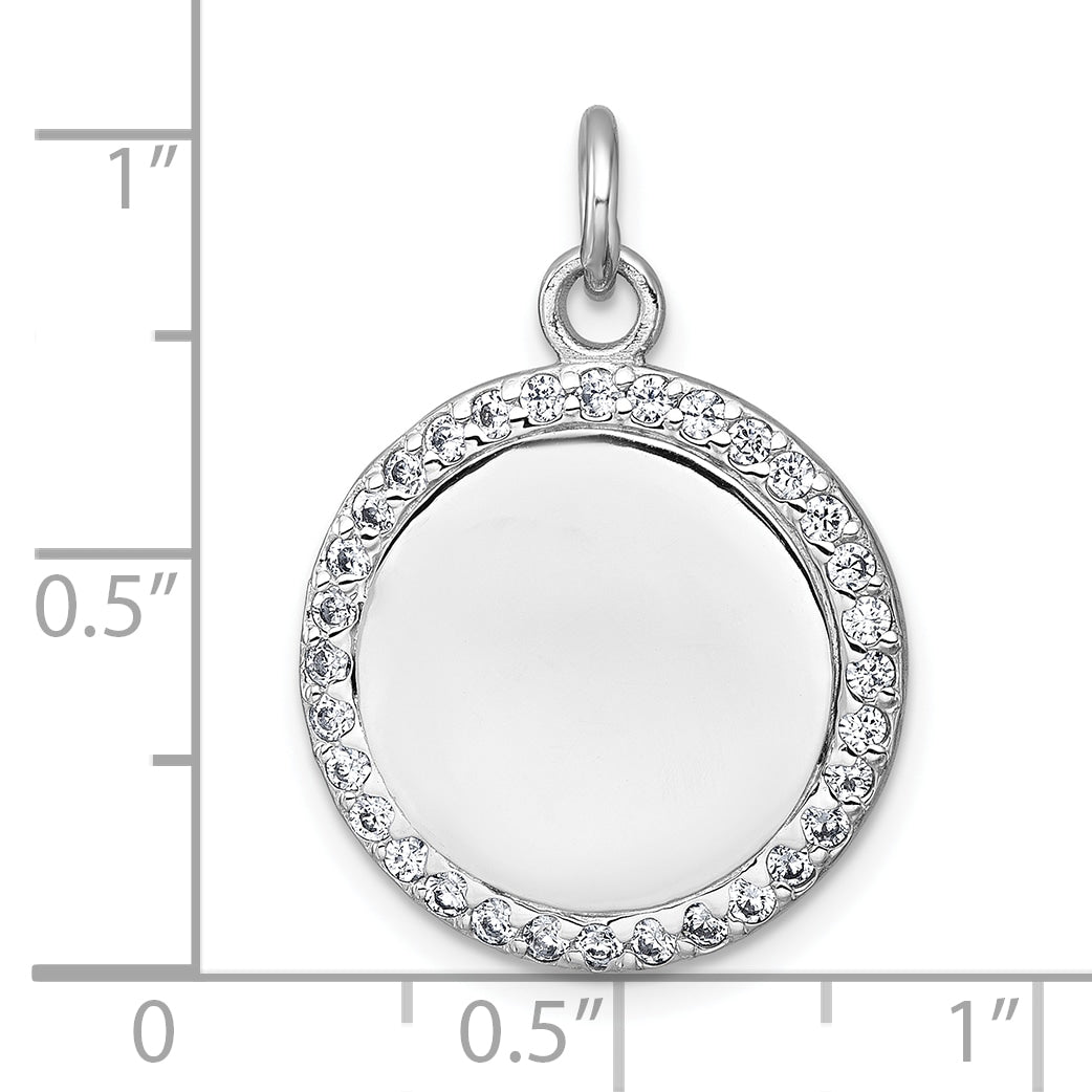 Sterling Silver Rhodium-plated Polished CZ Engraveable Circle Pendant