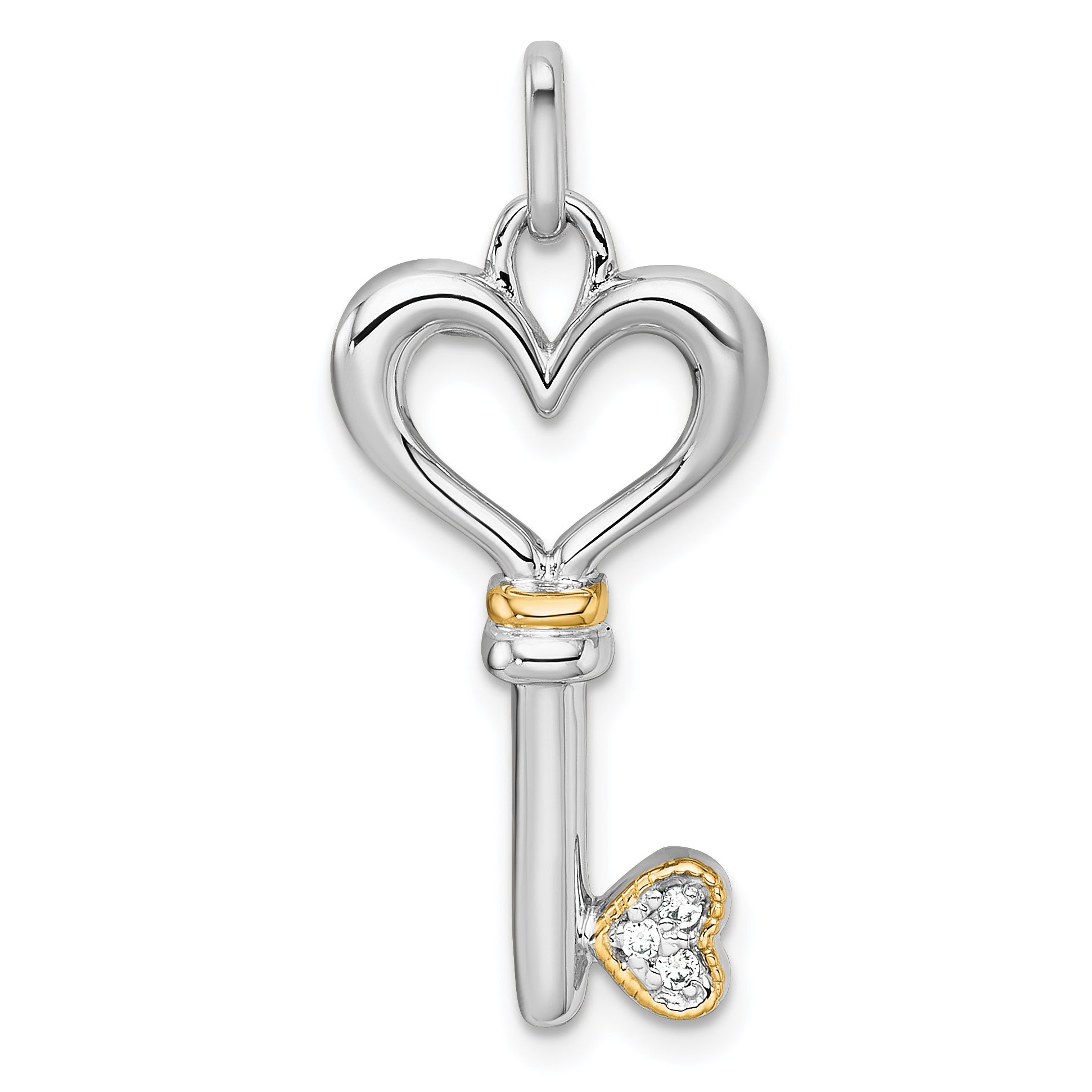 Sterling Silver Rhodium-plated with 14k Accent Polished CZ Heart Key Pendant Main image