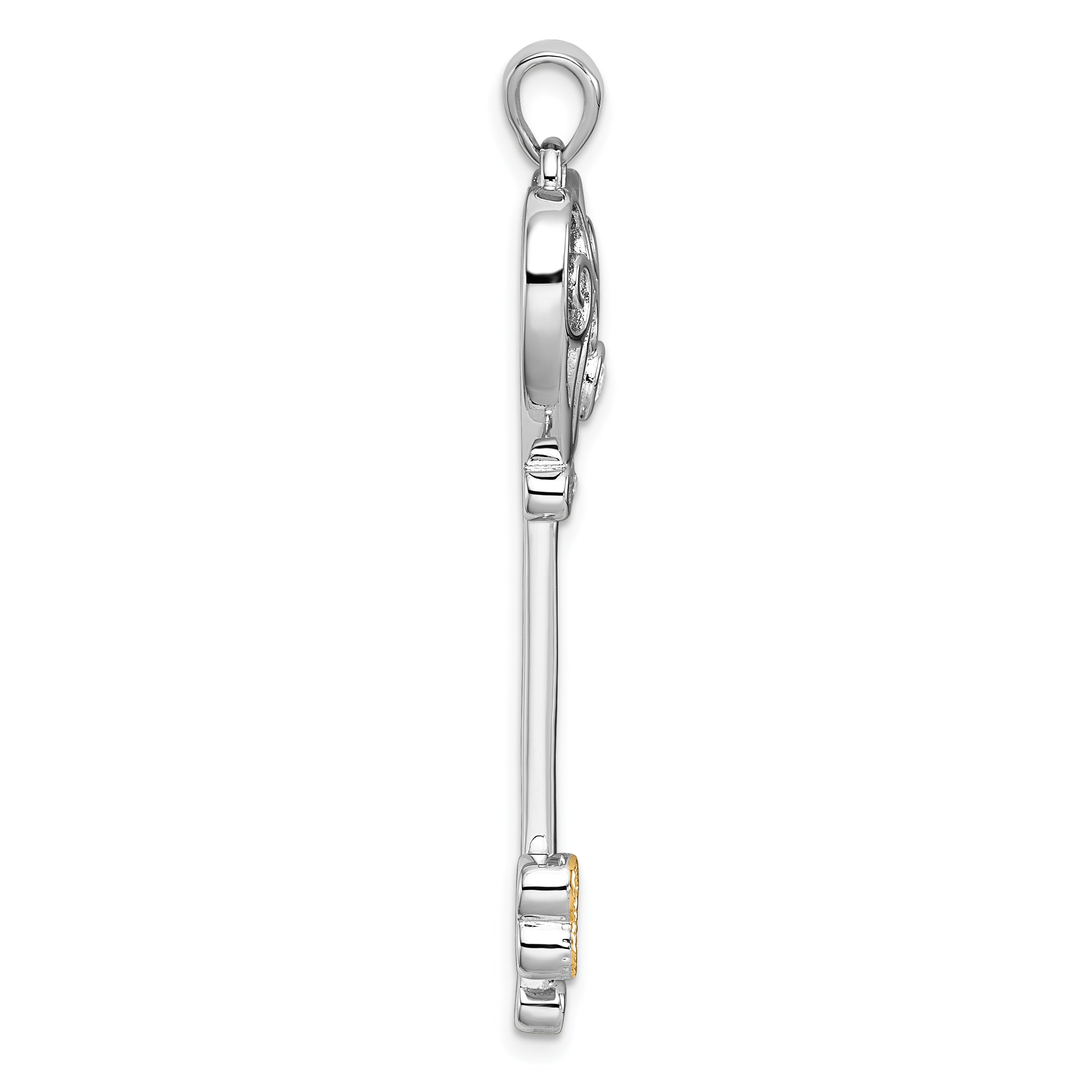Sterling Silver Rhodium-plated with 14k Accent Polished CZ Filigree Heart Key Pendant