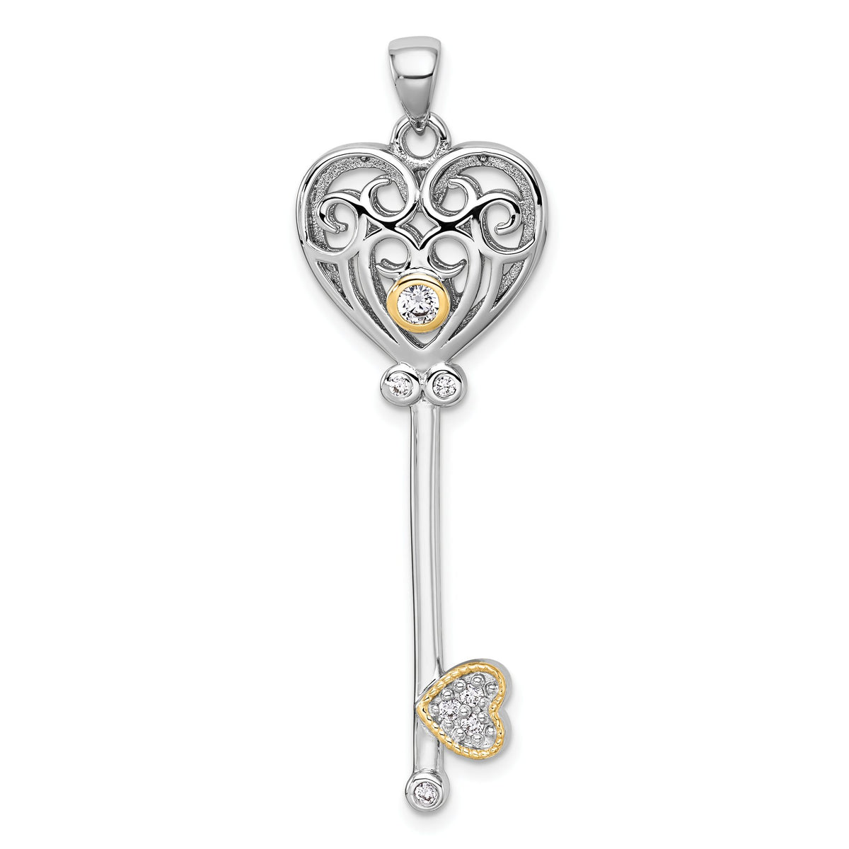 Cubic Zirconia Filigree Heart Key Pendant in Sterling Silver, 50mm - Sophia Jewelers Main image
