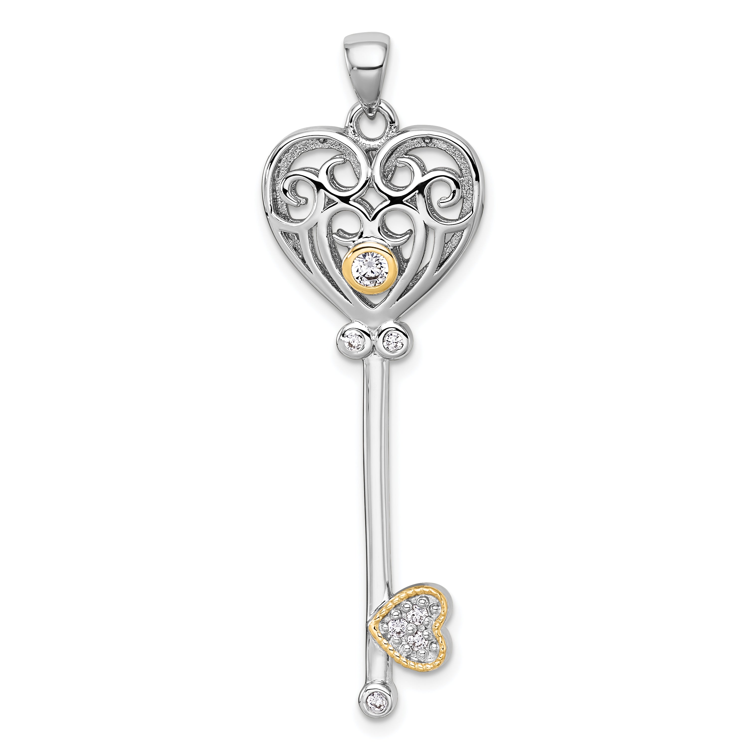Sterling Silver Rhodium-plated with 14k Accent Polished CZ Filigree Heart Key Pendant Main image