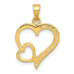 Sterling Silver Gold-tone Polished CZ Large Heart with Small Heart Pendant
