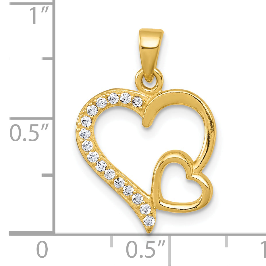 Sterling Silver Gold-tone Polished CZ Large Heart with Small Heart Pendant