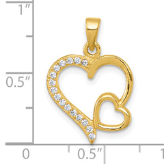 Sterling Silver Gold-tone Polished CZ Large Heart with Small Heart Pendant