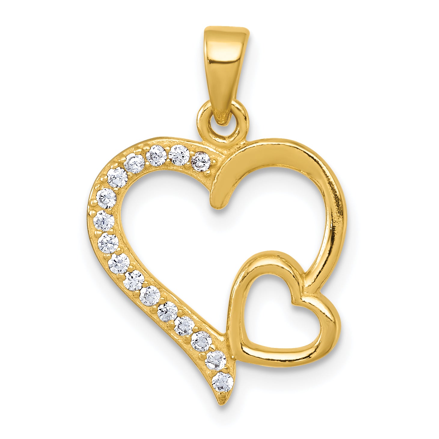 Sterling Silver Gold-tone Polished CZ Large Heart with Small Heart Pendant Main image