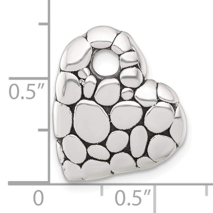 Sterling Silver Polished and Antiqued Pebbled Heart Chain Slide Pendant