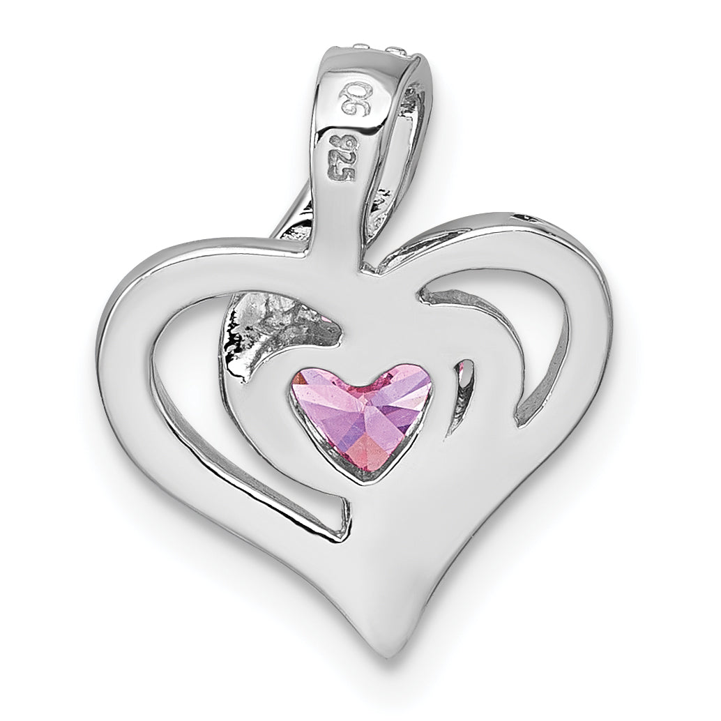 Sterling Silver Rhodium-plated Polished Pink and White Heart CZ in Open Heart Chain Slide Pendant