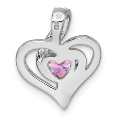 Sterling Silver Rhodium-plated Polished Pink and White Heart CZ in Open Heart Chain Slide Pendant