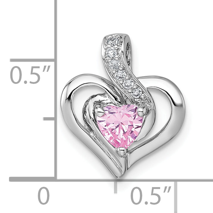 Sterling Silver Rhodium-plated Polished Pink and White Heart CZ in Open Heart Chain Slide Pendant