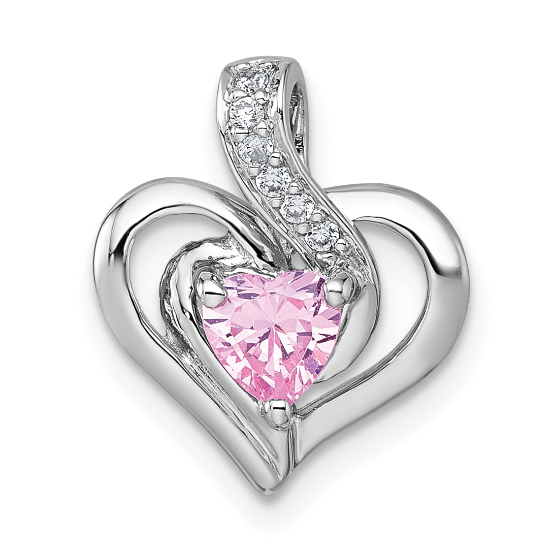 Sterling Silver Rhodium-plated Polished Pink and White Heart CZ in Open Heart Chain Slide Pendant
