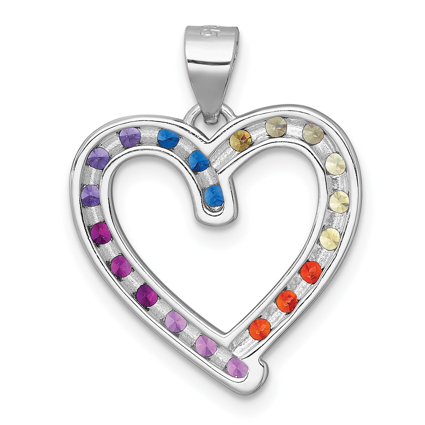 Sterling Silver Rhodium-plated Polished Multi-color Rainbow CZ Open Heart Pendant
