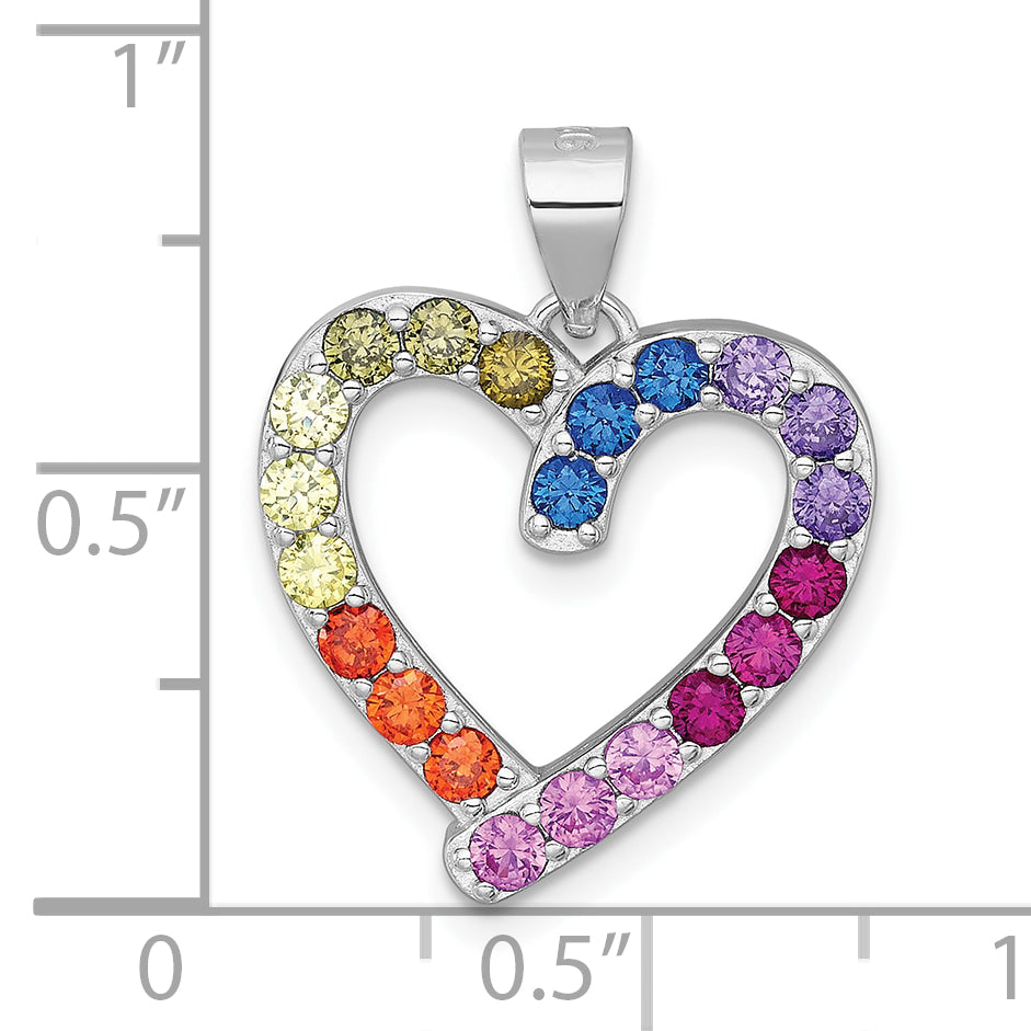 Sterling Silver Rhodium-plated Polished Multi-color Rainbow CZ Open Heart Pendant