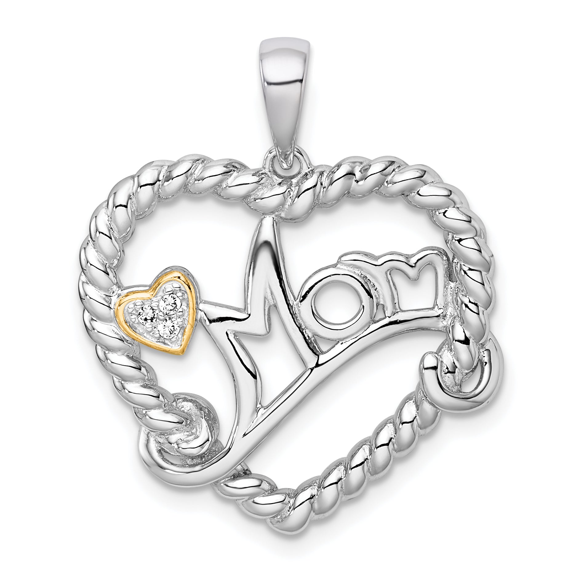 Sterling Silver Rhodium-plated with 14k Accent Polished CZ MOM Rope Heart Pendant Main image