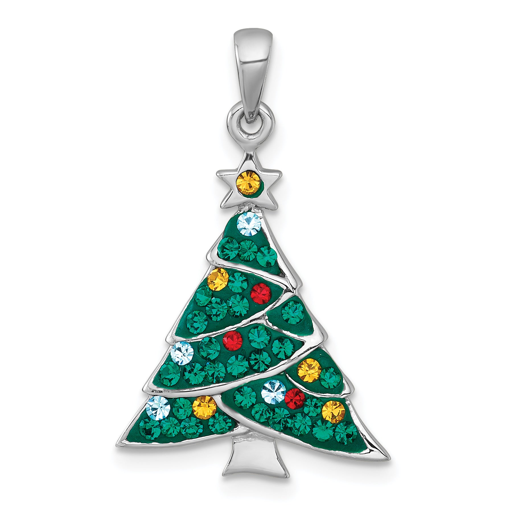 Sterling Silver Rhodium-plated Polished Green/Yellow/Red/Blue Crystal Christmas Tree Charm Main image