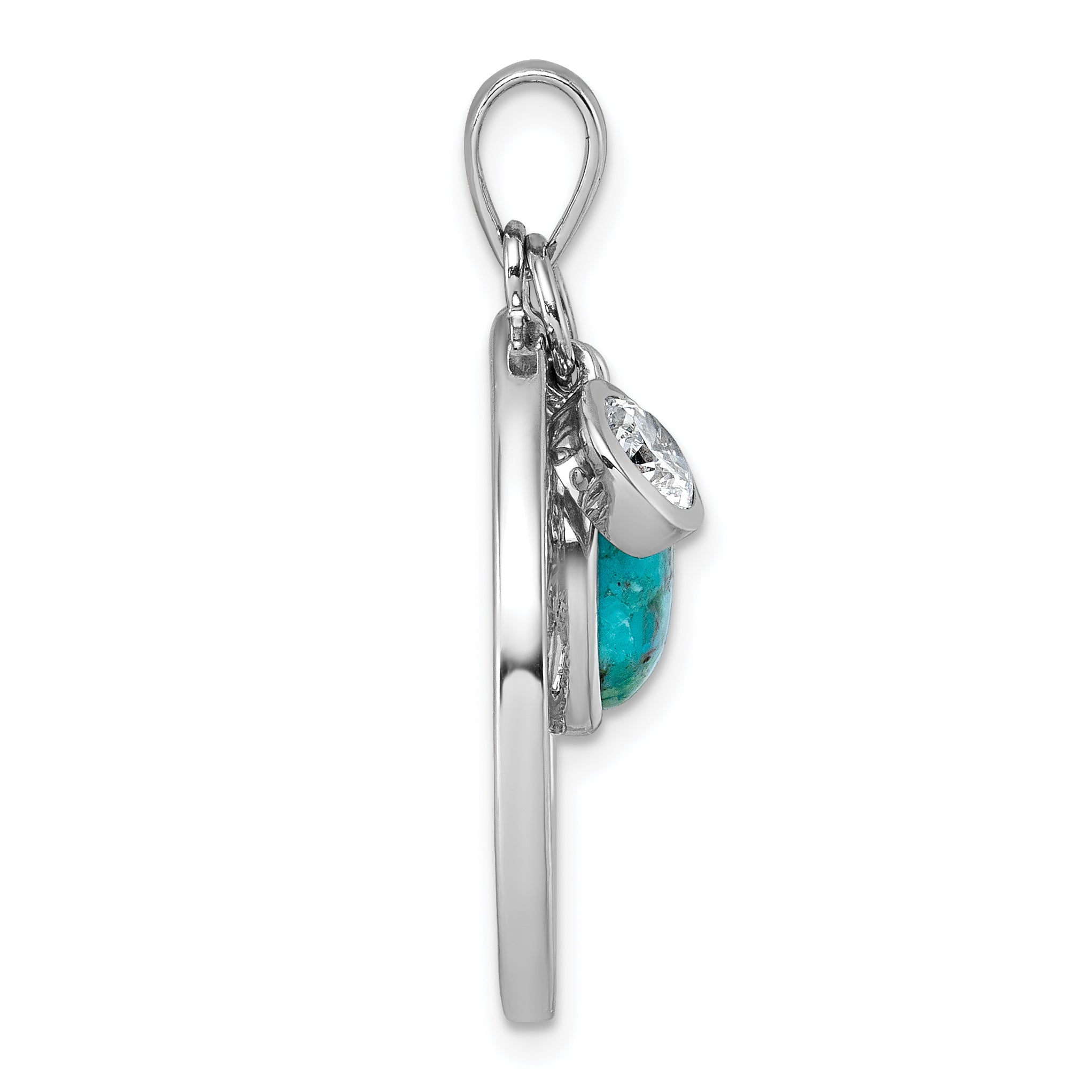 Sterling Silver Rhodium-plated Polished CZ and CompreSterling Silvered Turquoise Cabochon Tree of Life Pendant Secondary image