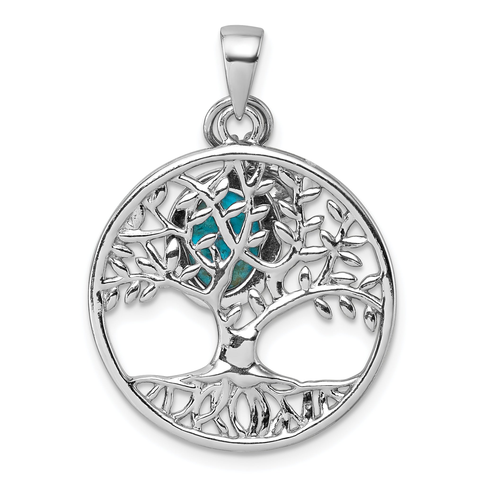Sterling Silver Rhodium-plated Polished CZ and Compressed Turquoise Cabochon Tree of Life Pendant