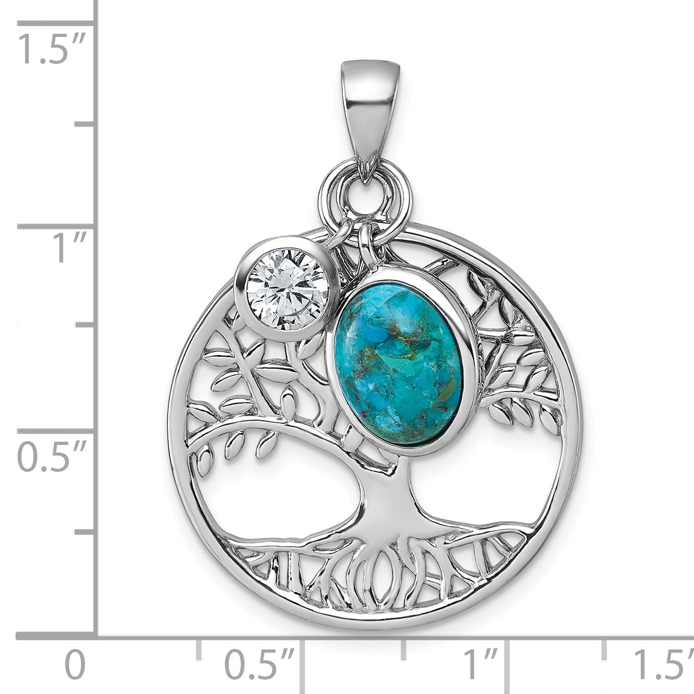 Sterling Silver Rhodium-plated Polished CZ and Compressed Turquoise Cabochon Tree of Life Pendant
