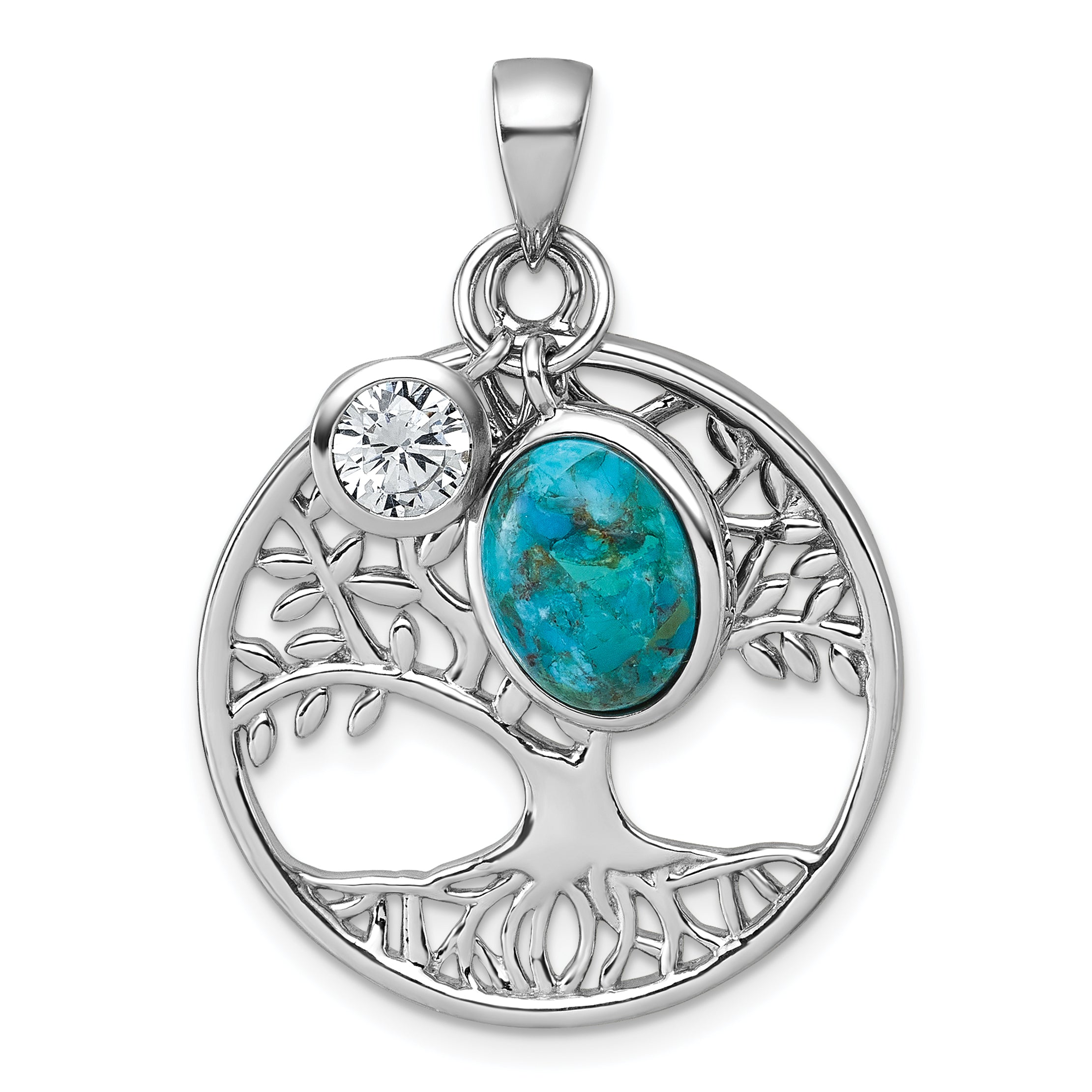 Sterling Silver Rhodium-plated Polished CZ and Compressed Turquoise Cabochon Tree of Life Pendant Main image