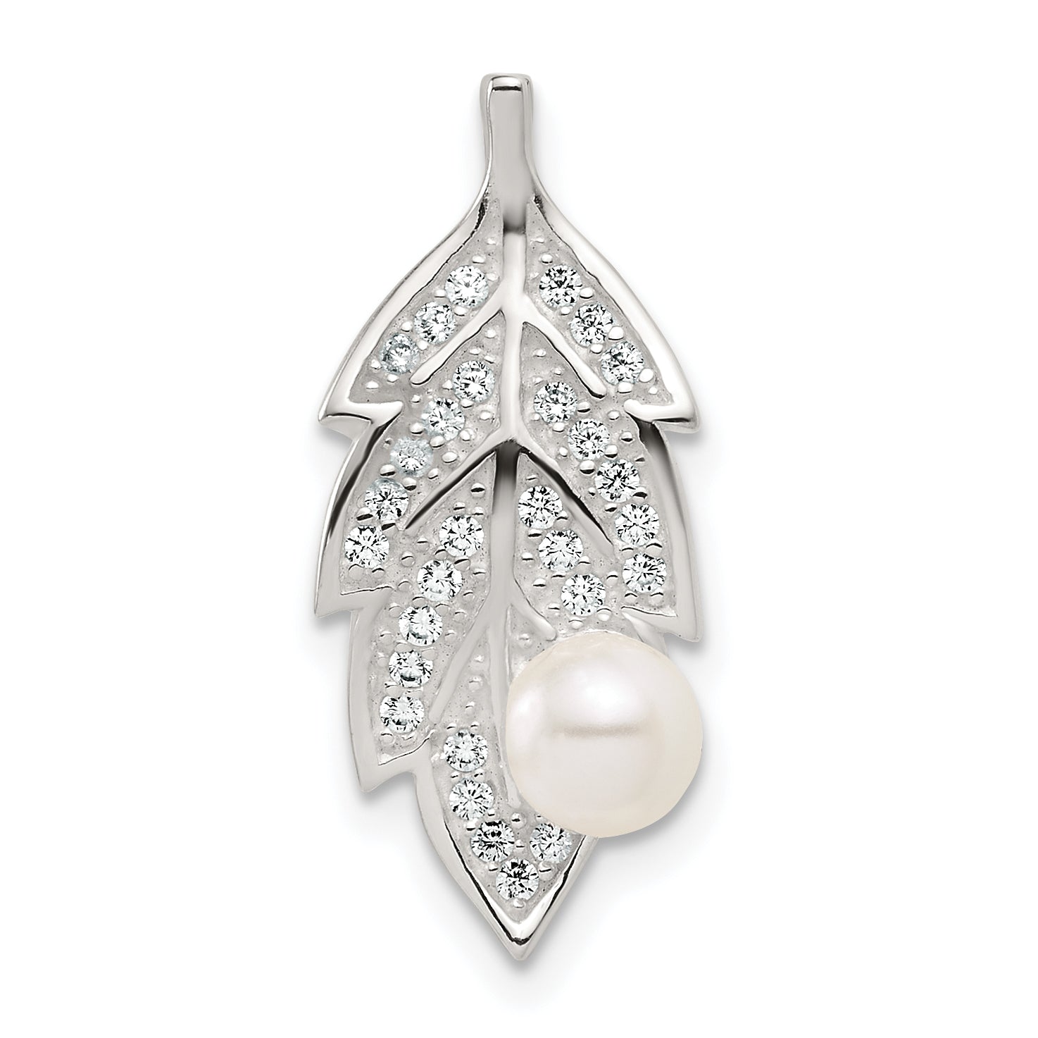 Sterling Silver Polished CZ and Acrylic Pearl on Leaf Chain Slide Pendant Main image