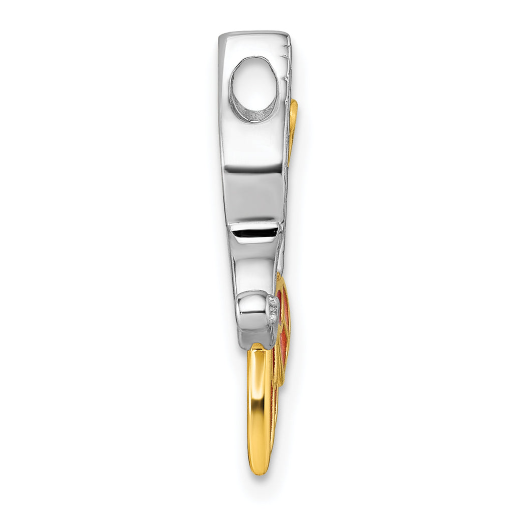 Sterling Silver Rhodium-plated and Gold-tone Pink and Red Enameled with White CZ Moveable Wing Butterfly Chain Slide Pendant