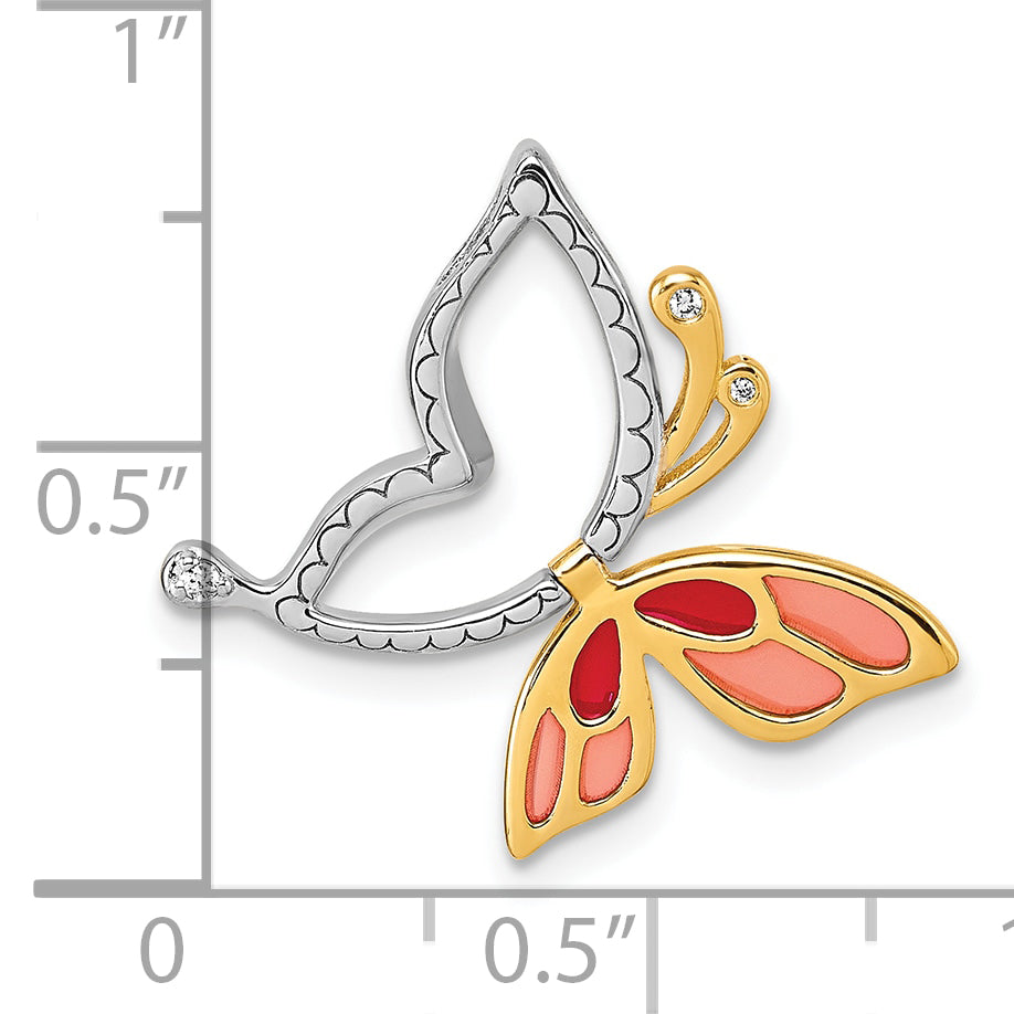 Sterling Silver Rhodium-plated and Gold-tone Pink and Red Enameled with White CZ Moveable Wing Butterfly Chain Slide Pendant