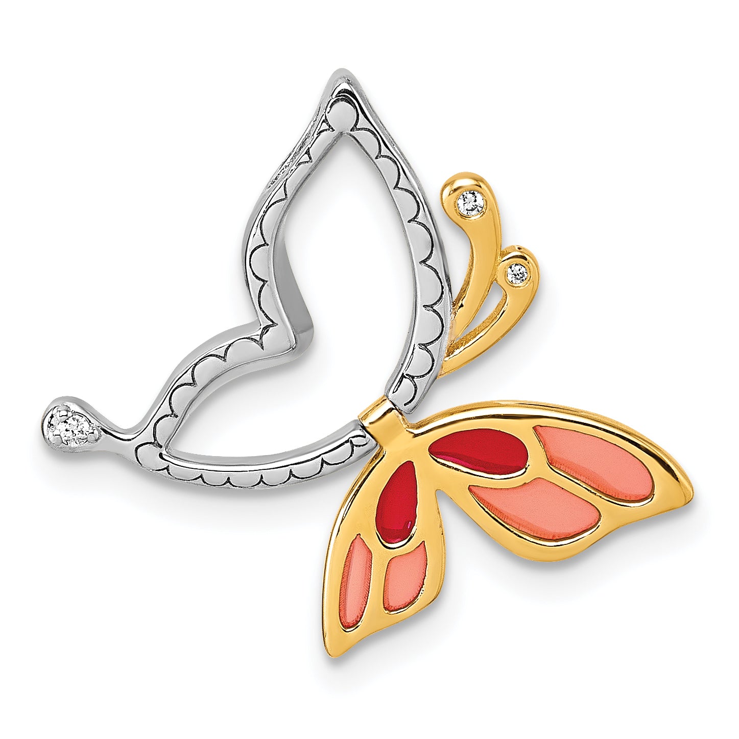 Sterling Silver Rhodium-plated and Gold-tone Pink and Red Enameled with White CZ Moveable Wing Butterfly Chain Slide Pendant Main image