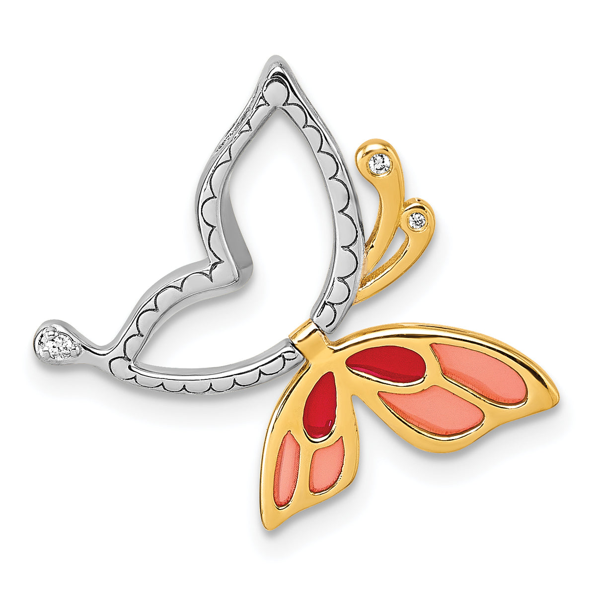 Sterling Silver Rhodium-plated and Gold-tone Pink and Red Enameled with White CZ Moveable Wing Butterfly Chain Slide Pendant