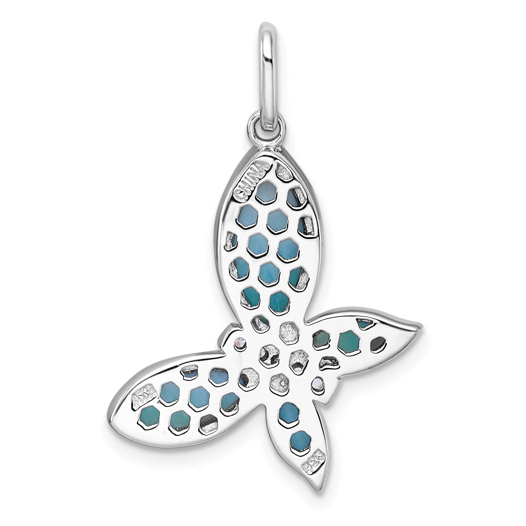 Sterling Silver Rhodium-plated Polished Larimar and CZ Butterfly Pendant