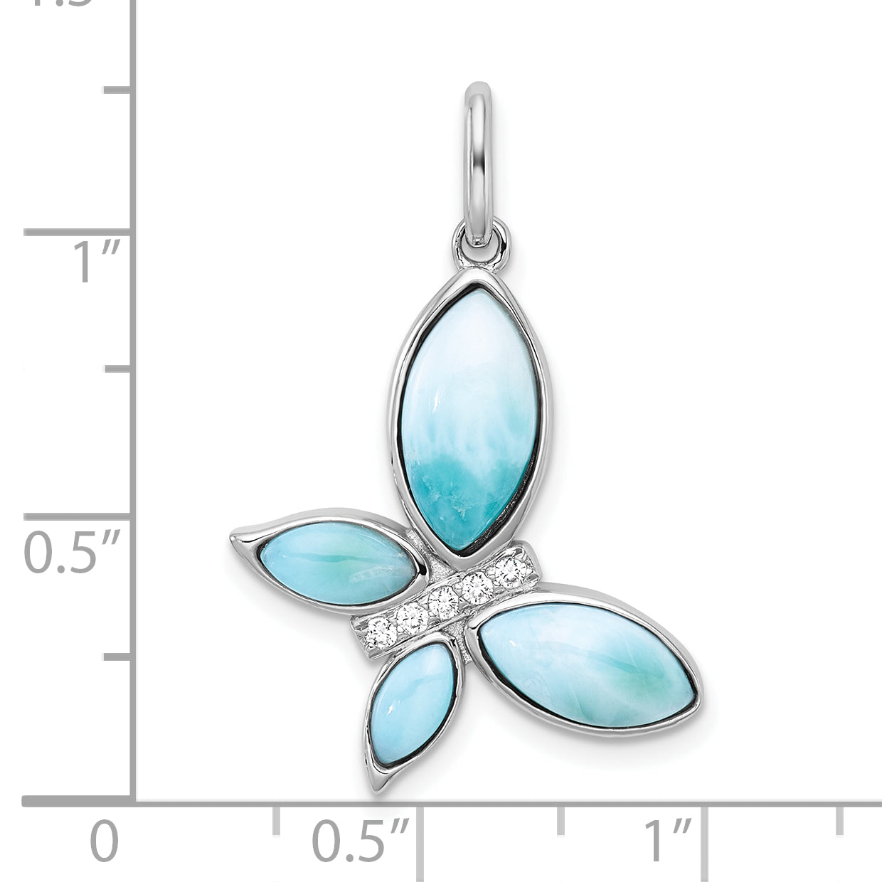 Sterling Silver Rhodium-plated Polished Larimar and CZ Butterfly Pendant