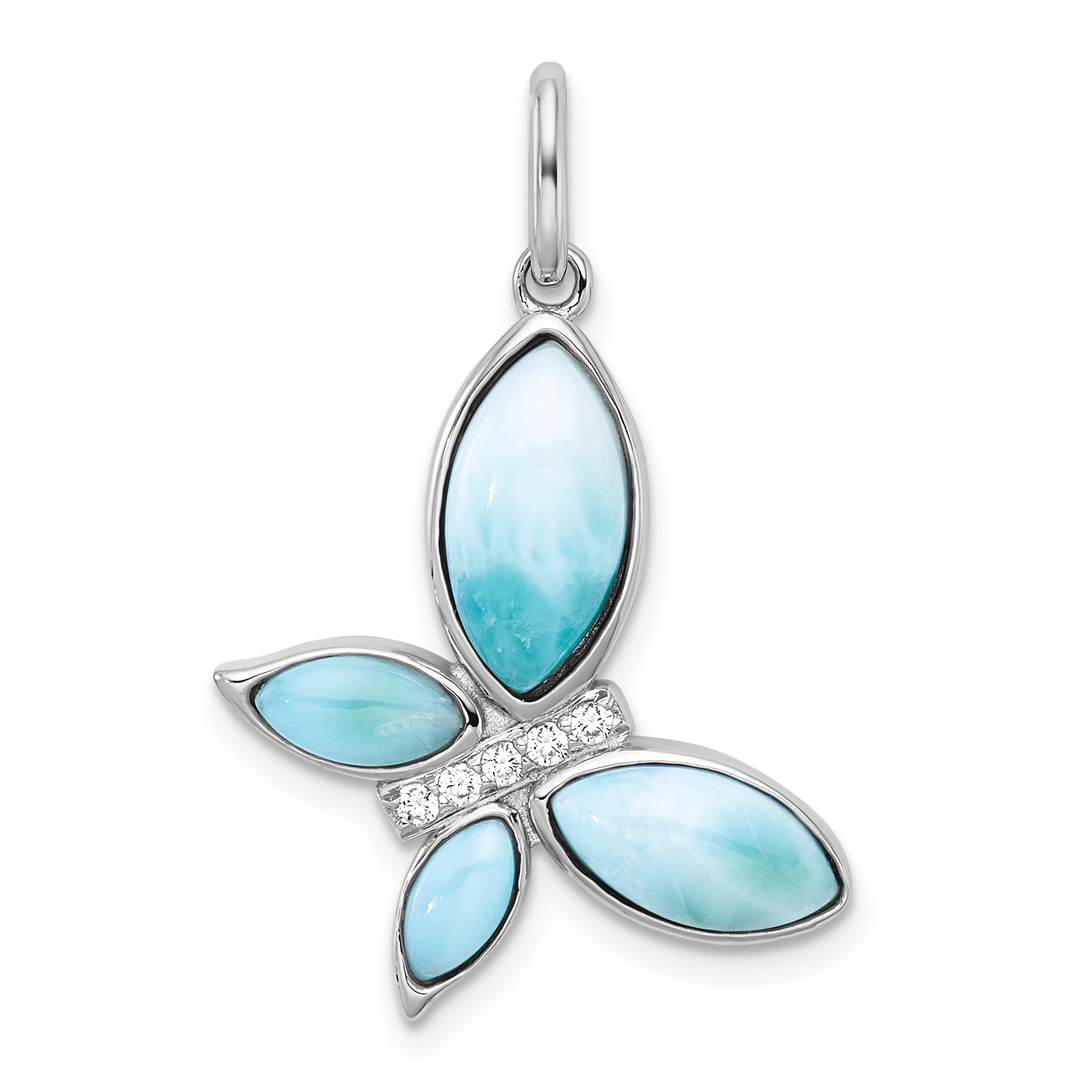 Sterling Silver Rhodium-plated Polished Larimar and CZ Butterfly Pendant Main image