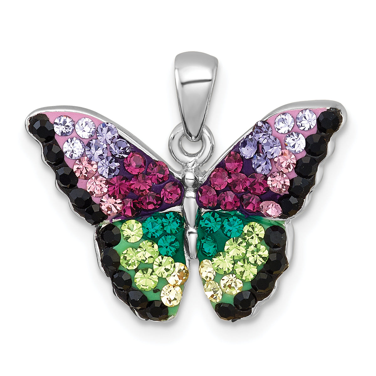 Sterling Silver Rhodium-plated Polished Purple/Green/Black Crystal Butterfly Pendant