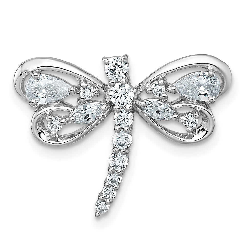 Sterling Silver Rhodium-plated Polished CZ Dragonfly Chain Slide Pendant