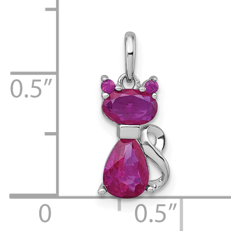 Sterling Silver Rhodium-plated Red Corundum Cat Pendant