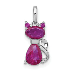 Sterling Silver Rhodium-plated Red Corundum Cat Pendant