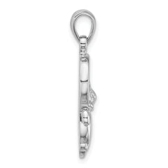 Sterling Silver Rhodium-plated Polished Mother of Pearl Cat Hanging on Ring Pendant
