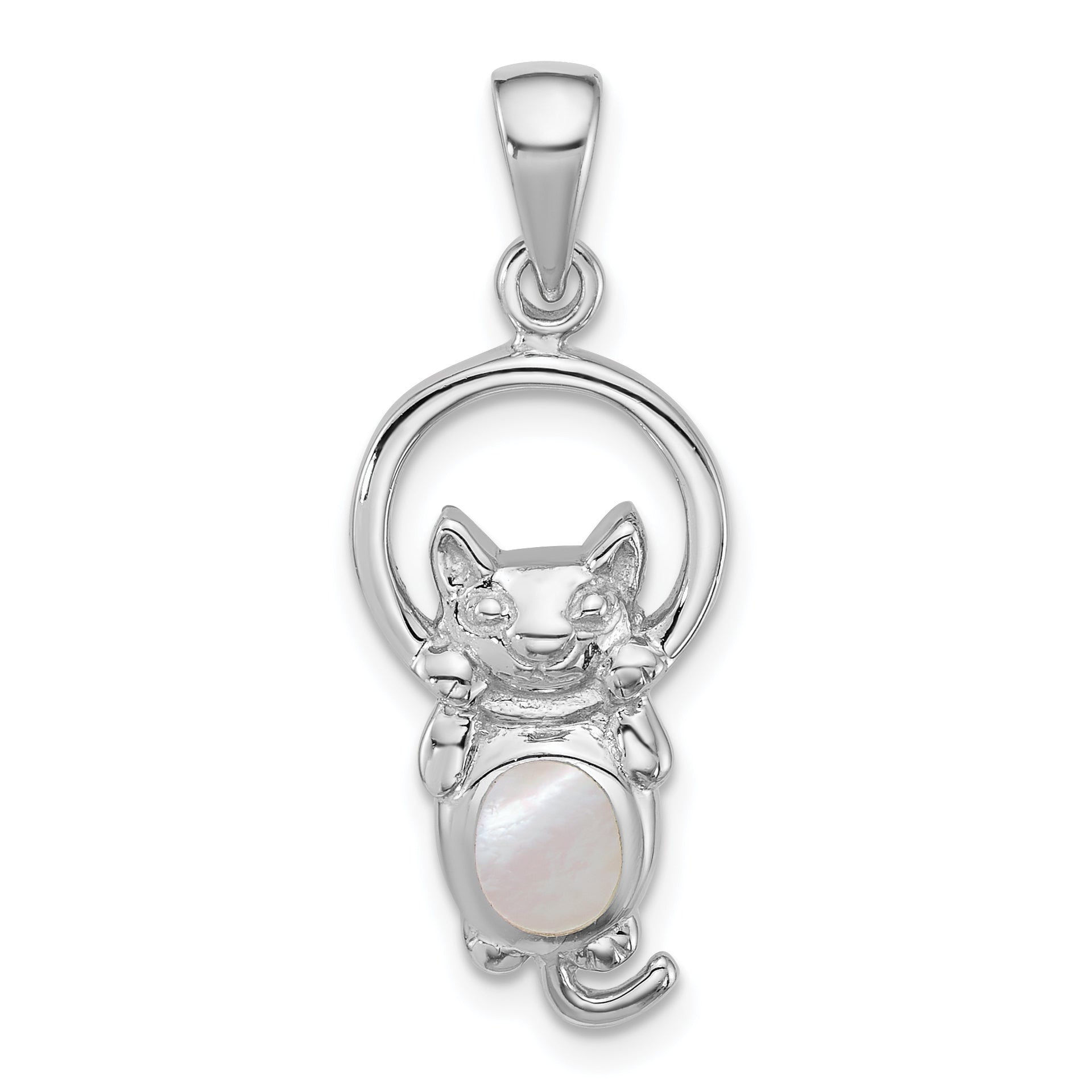 Sterling Silver Rhodium-plated Polished Mother of Pearl Cat Hanging on Ring Pendant Main image